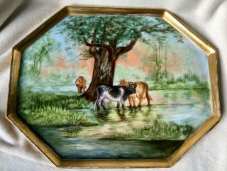 Antique 15 " Hand Painted Limoges Porcelain Cows Painting Tray,  Signed Braunciser