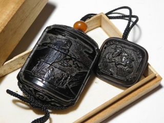 Fine Carving Black Lacquer Inro W Netsuke Japanese Edo Inro Antique