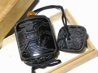 FINE Carving Black Lacquer INRO w NETSUKE Japanese Edo Inro Antique 2