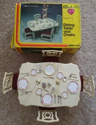 Vintage Sindy Doll Dining Table & Chairs With Accessories