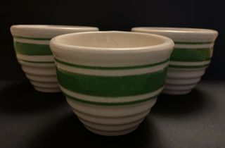 Rare Antique Set Of 3 Small Yellowware Beehive Ingredient Bowls 3 Green Stripes