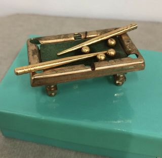 Vintage Miniature Doll House Brass Pool Table With Balls & 2 Cues Billiard Game