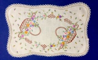 Vintage Hand Crocheted Embroidered Floral Linen Doily - 40cm X 27cm