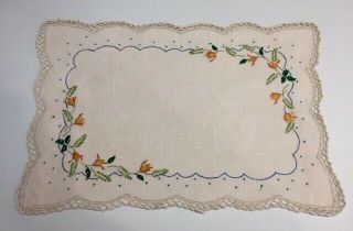 Vintage Hand Crocheted Embroidered Floral Linen Doily - 48cm X 33cm