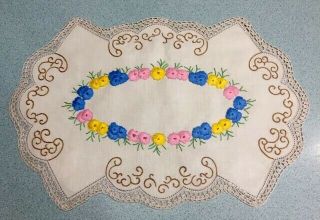 Vintage Hand Crocheted Embroidered Floral Linen Doily - 43cm X 29cm