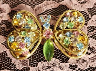 Vintage Judy Lee Signed Butterfly Brooch With Multi Color And 6 Uranium Stones