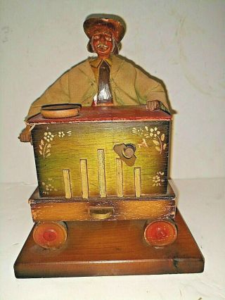 Antique Carved Wood Automaton Music Jewelry Box Organ Grinder