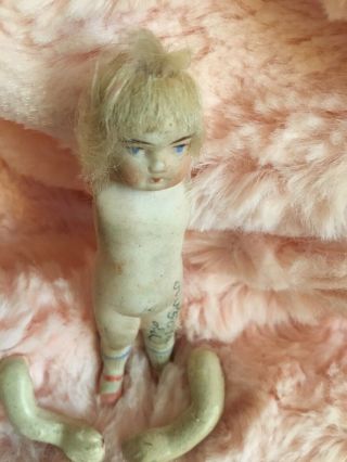 Vintage Bisque Doll 2 3/4” German Blond Hair Blue Eyes Jointed Arms