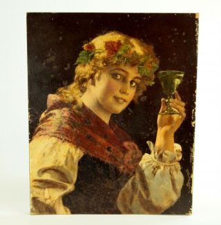 Antique 19th C.  Oil On Board Woman With Wine Glass & Vine Leaves Wreath