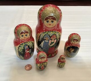 Vintage 6 " Russian Matryoshka Nesting Dolls Red Traditional Dress Set Of 5