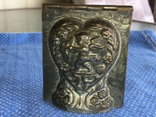 Antique Hinged Chocolate Mold 2 Sided Cupid Double Heart Old Oxidized Tin Metal