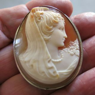 Antique Victorian 800 Silver Shell Cameo Brooch Pendant Hand Carved [5824]