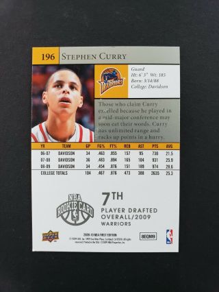 STEPHEN CURRY 2009 - 10 UPPER DECK STAR ROOKIES FIRST EDITION 196 WARRIORS RC UD 2