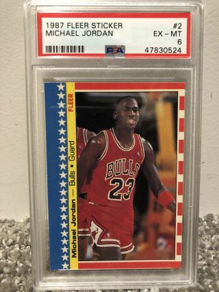 1987 Fleer Michael Jordan Sticker 2 Psa Ex - Mt Grade 6 Chicago Bulls