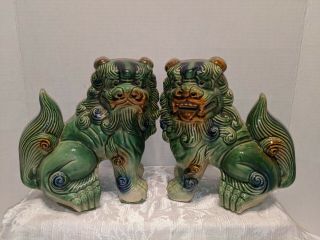 Pair Vintage Large Chinese Asian Ceramic Foo Dogs Fu Lions 8 - 1/2 "