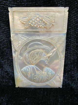 Victorian Calling Card Case,  Mother Of Pearl W/carved Profile & Antique Card