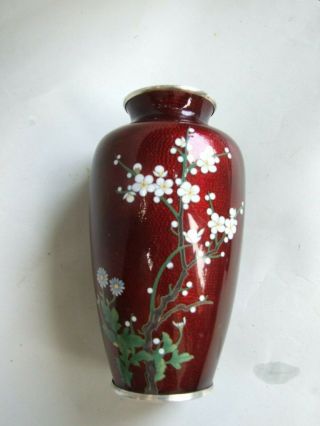 Antique Japanese Sato Style Cloisonne Enamel 8  Pigeon Blood Red Floral Vase