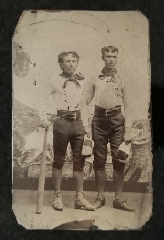 1870s 1880s Antique Baseball Tintype Players In Uniform W - Baseball Bat And Ball