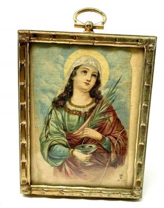 Vintage St Lucy Painted Or Printed On Canvas In Pretty Frame