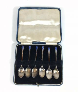 1937 Deakin & Francis Ltd Solid Silver Enamel Art Deco Set Of 6 Tea Spoons Cased