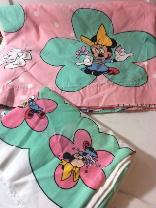 Vtg Disney Minnie Mouse Pink Butterfly Flowers Twin Flat Bed Sheet & Pillowcase