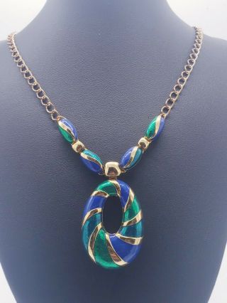 Vintage Signed Napier Blue & Green Enamel Pendant Necklace Modified Chain Read
