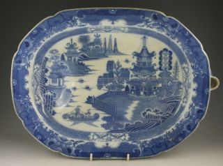 Antique Pottery Pearlware Blue Transfer Chinoiserie Hot - Water 17 " Platter 1810