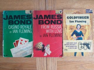 3 Vintage James Bond Books Casino Royale From Russia With Love Goldfinger