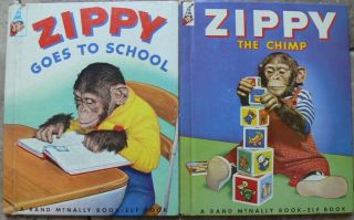 2 Vintage Rand Mcnally Elf Books Zippy The Chimp,  Zippy Goes To School