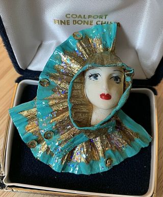 Unusual Large Art Deco Lady In Green And Gold Headdress Vintage Brooch