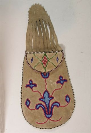1890s Native American Santee Sioux Indian Bead Decorated Hide Puzzle Pouch / Bag