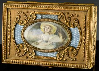 C1900 French Bronze Guilloche Enamel Watercolor Portrait Ring Jewelry Box
