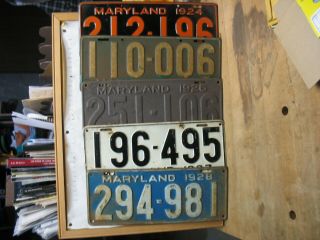 1924,  1925,  1926,  1927 & 1928 Maryland 5x License Plates Tags