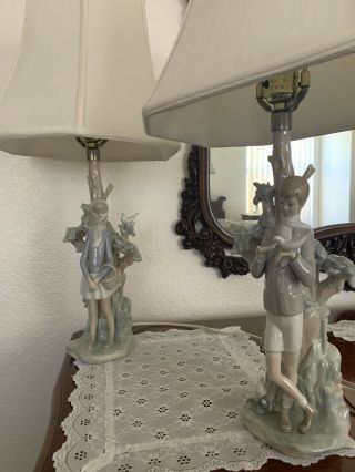 Antique Lladro Retired Set Of 2 Table Lamps Figurine Girl Boy Bird Shade Spain