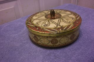 Vintage Tin Container Box Lid Embossed Design Gold Brown White Made In England