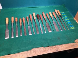 16 Assorted Antique Wood Socket Chisels.  Timber Framing.  Untouched.  As Found.