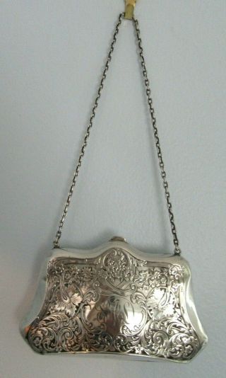 Antique Victorian Sterling Silver Coin Card Dance Purse Chased Handbag Floral