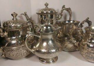 5 Piece Antique Tea Set Mermod Jaccard & Co 1892 Quadruple Plate Silver