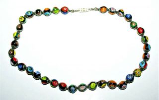 Vintage Multi Color Millefiori Glass 9mm Beads Hand - Knotted 16 " Necklace