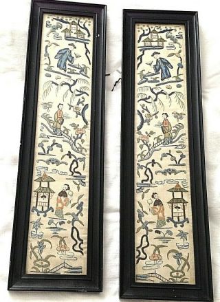 Antique Chinese Embroidered Embroidery Sleeves Pair Figures Flowers Birds