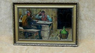 Antique 19c German Oil Painting On Board Of 2 Men Playing Cards In Bar