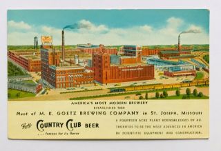 Vintage Goetz Country Club Brewery Beer Postcard Linen St Joseph Mo 50s