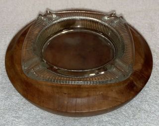 Vintage Clear Glass Ashtray in Bermuda Cedar Wood Base & 2nd Wood Carved Ashtray 2