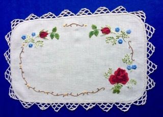 Vintage Hand Crocheted Embroidered Floral Linen Doily - 41cm X 26cm