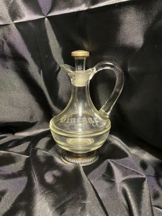 Vintage Etched Glass Vinegar Cruet W/ Sterling Silver Stopper And Base