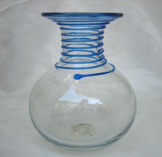 Vintage Blenko Art Glass Applied Blue Spiral Vase 8318 Don Shepherd Design