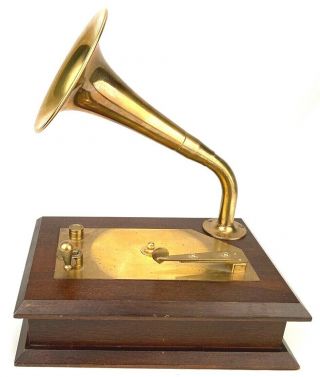 Vintage Wood Brass Music Box - Victrola Gramophone Record Player - Jewelry Box