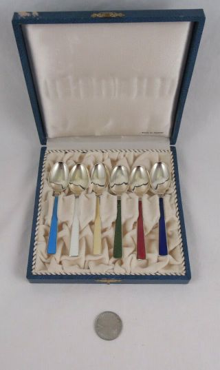 Marthinsen Boxed Set Of 6 Sterling Silver And Enamel Demitasse Spoons Norway