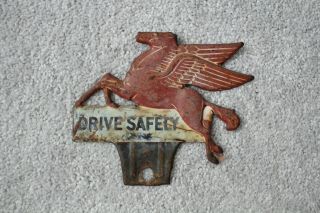Vintage Mobil Pegasus Drive Safely License Plate Topper