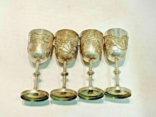 19th Century China Chinese Sterling Silver Wine Goblets Cups